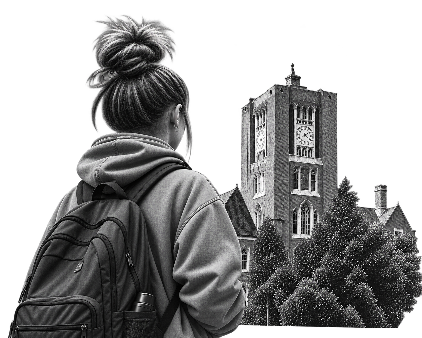 A student seen from behind, looking toward a college building